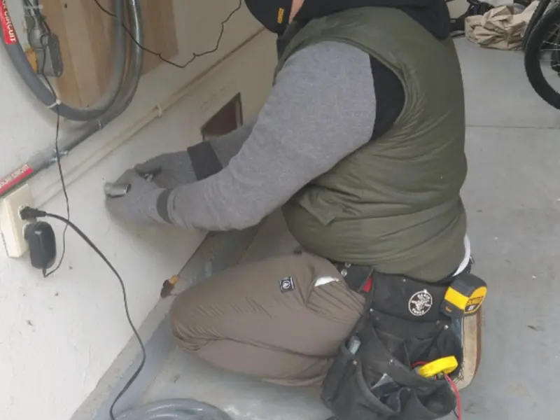 Electrician performing outlet wiring in a Machesney Park garage